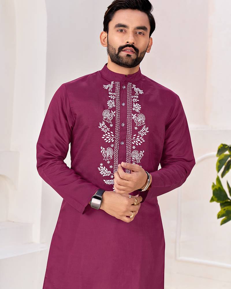 Ethnic wine roman silk kurta with front embroidery