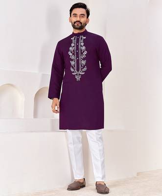Ethnic dark purple roman silk kurta with front embroidery 1