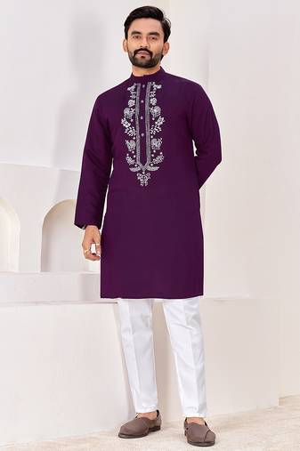 Ethnic dark purple roman silk kurta with front embroidery