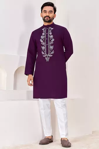 Ethnic dark purple roman silk kurta with front embroidery