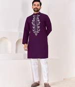Ethnic dark purple roman silk kurta with front embroidery