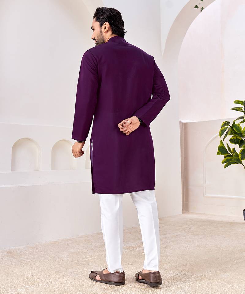 Ethnic dark purple roman silk kurta with front embroidery