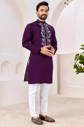 Ethnic dark purple roman silk kurta with front embroidery