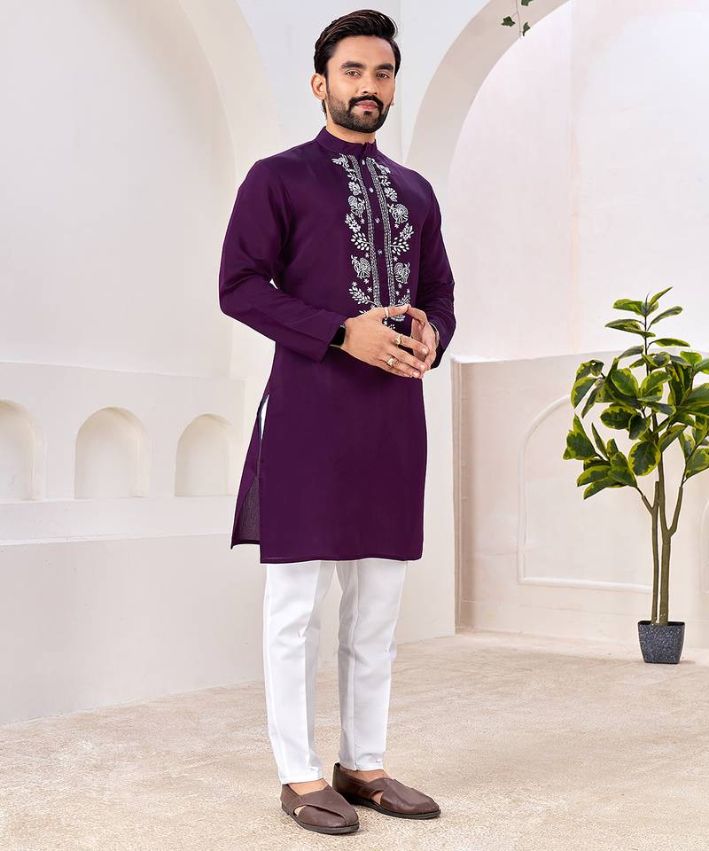 Ethnic dark purple roman silk kurta with front embroidery
