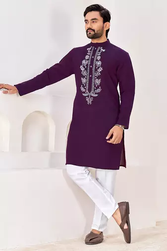 Ethnic dark purple roman silk kurta with front embroidery