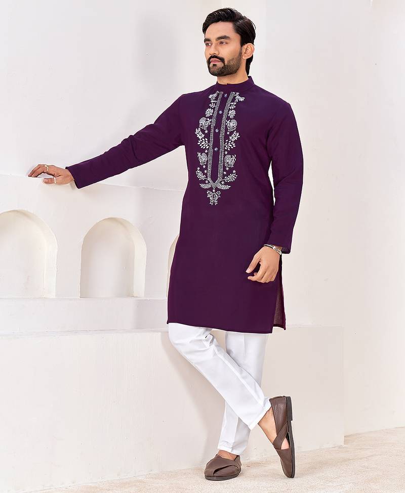 Ethnic dark purple roman silk kurta with front embroidery