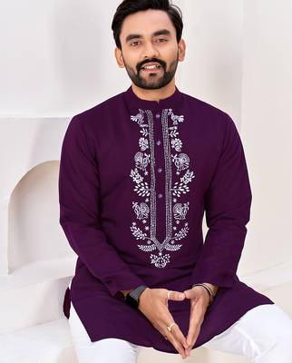 Ethnic dark purple roman silk kurta with front embroidery 5