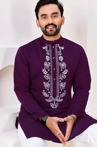Ethnic dark purple roman silk kurta with front embroidery
