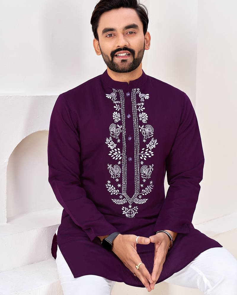 Ethnic dark purple roman silk kurta with front embroidery