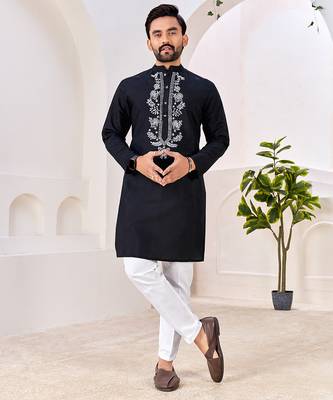 Ethnic black roman silk kurta with front embroidery 1