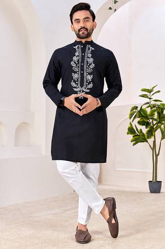 Ethnic black roman silk kurta with front embroidery