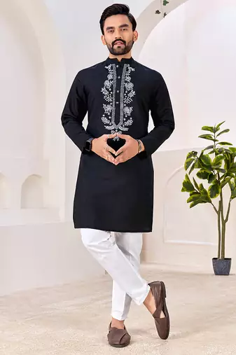 Ethnic black roman silk kurta with front embroidery
