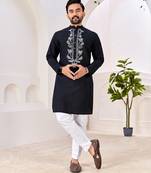 Ethnic black roman silk kurta with front embroidery