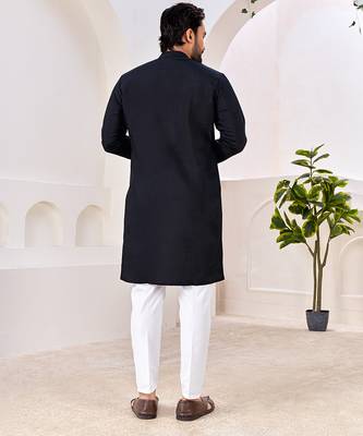 Ethnic black roman silk kurta with front embroidery 2