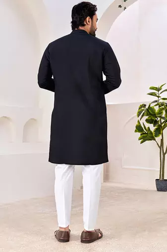 Ethnic black roman silk kurta with front embroidery