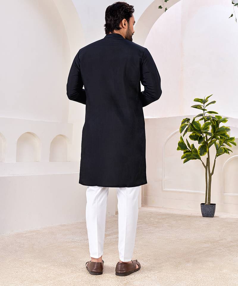 Ethnic black roman silk kurta with front embroidery