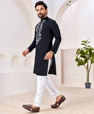 Ethnic black roman silk kurta with front embroidery 3