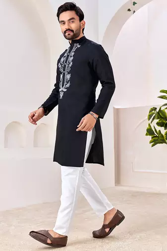 Ethnic black roman silk kurta with front embroidery