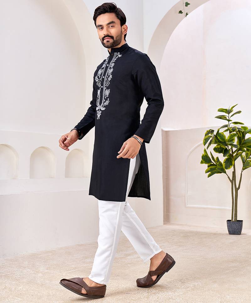 Ethnic black roman silk kurta with front embroidery