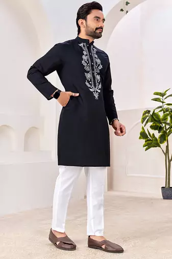 Ethnic black roman silk kurta with front embroidery