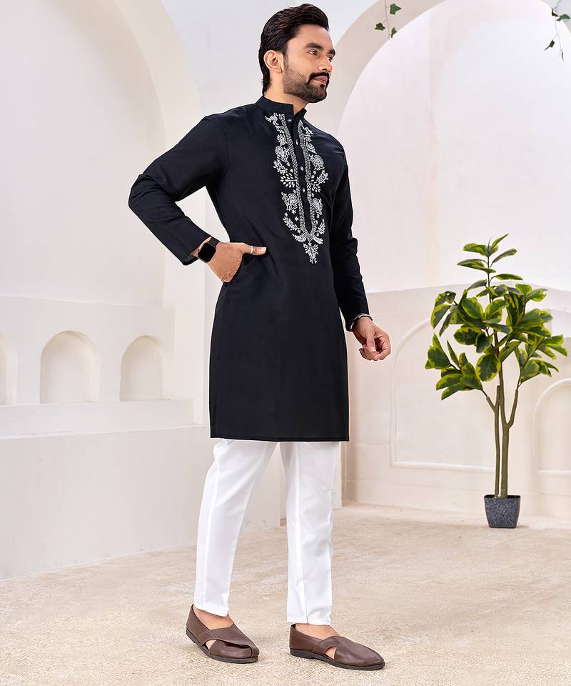 Ethnic black roman silk kurta with front embroidery