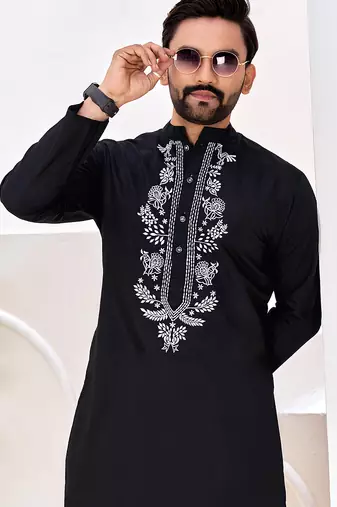Ethnic black roman silk kurta with front embroidery