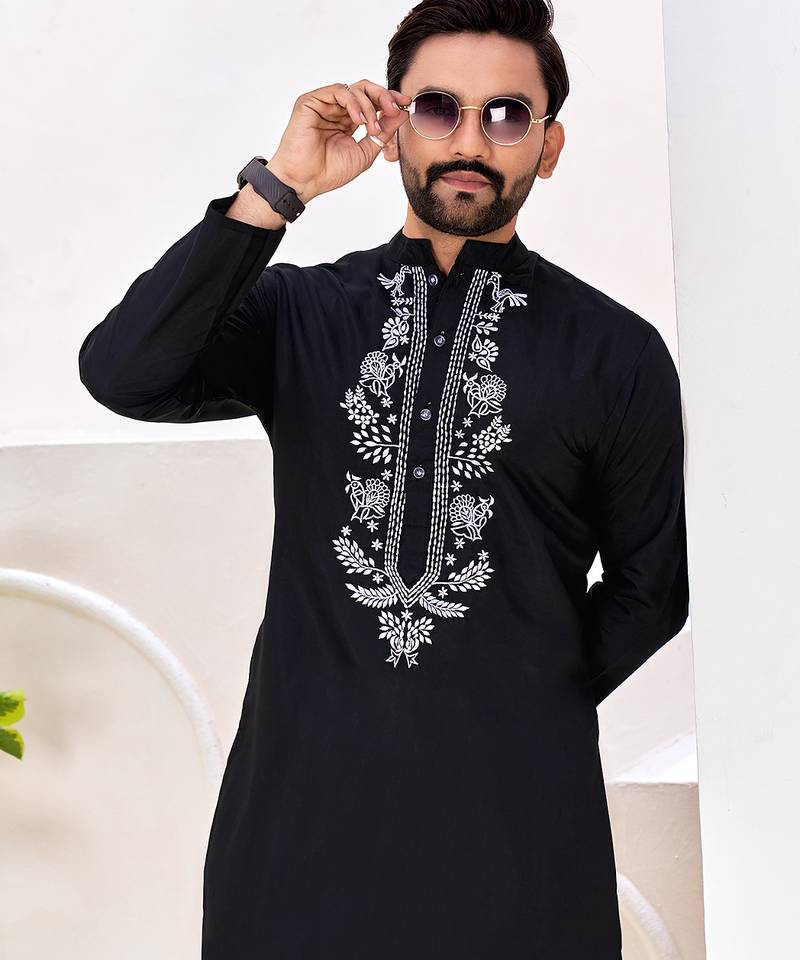 Ethnic black roman silk kurta with front embroidery