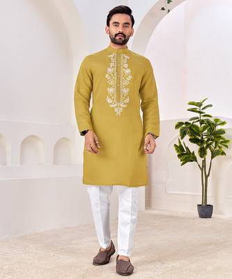 Ethnic mustard yellow roman silk kurta with front embroidery 1