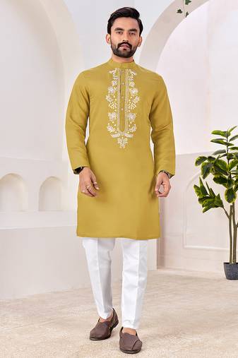 Ethnic mustard yellow roman silk kurta with front embroidery