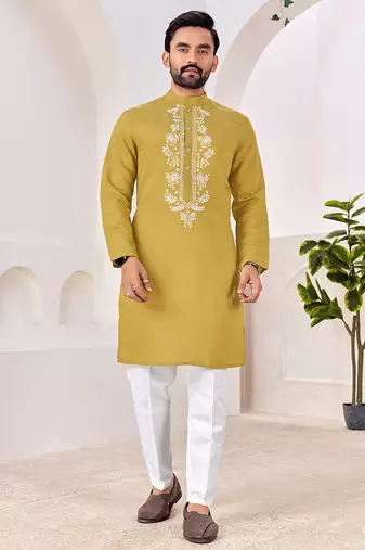 Ethnic mustard yellow roman silk kurta with front embroidery