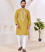 Ethnic mustard yellow roman silk kurta with front embroidery