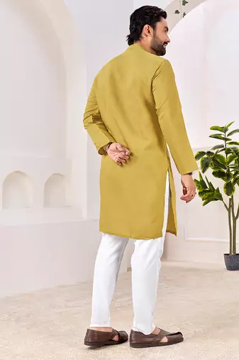 Ethnic mustard yellow roman silk kurta with front embroidery