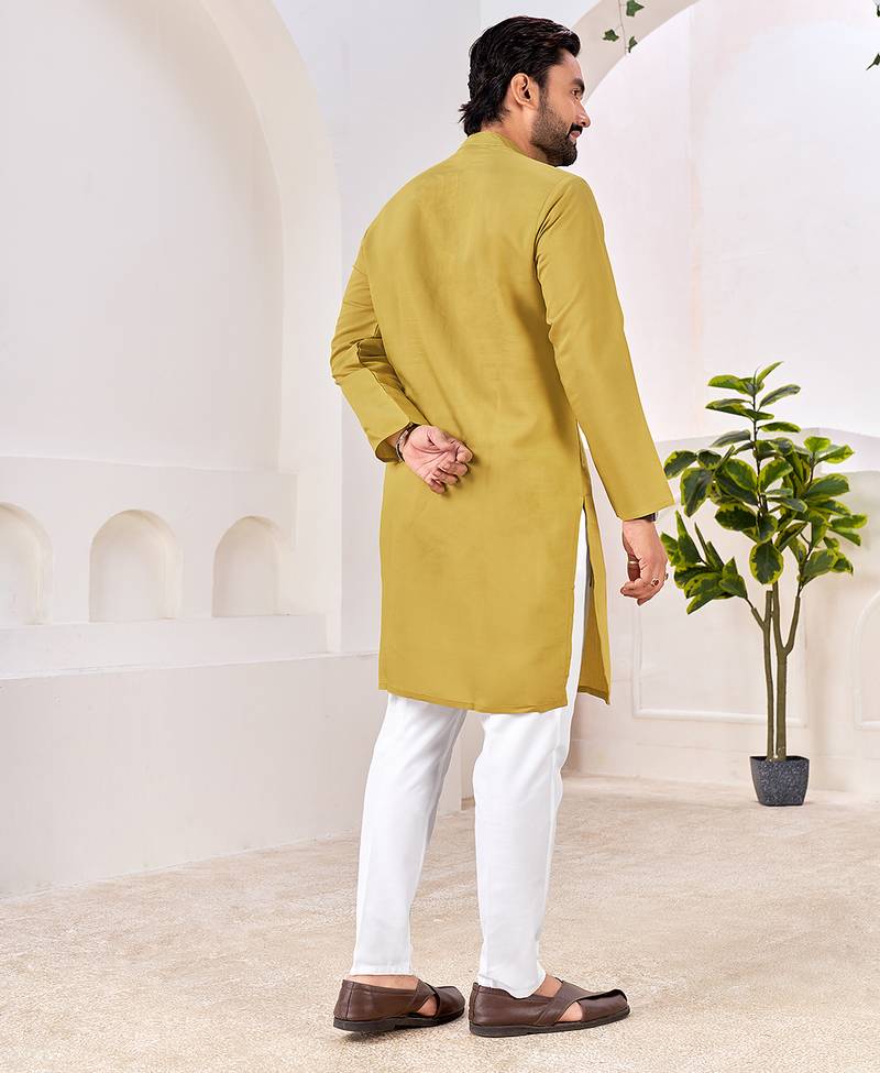 Ethnic mustard yellow roman silk kurta with front embroidery