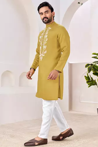 Ethnic mustard yellow roman silk kurta with front embroidery