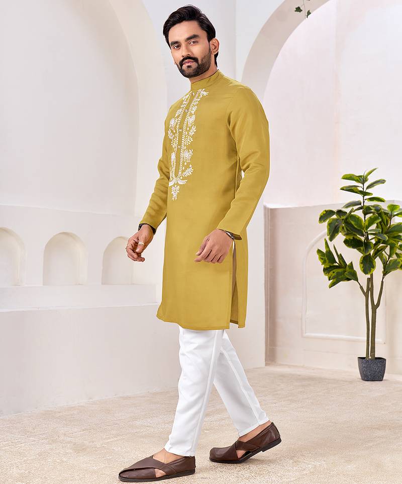 Ethnic mustard yellow roman silk kurta with front embroidery