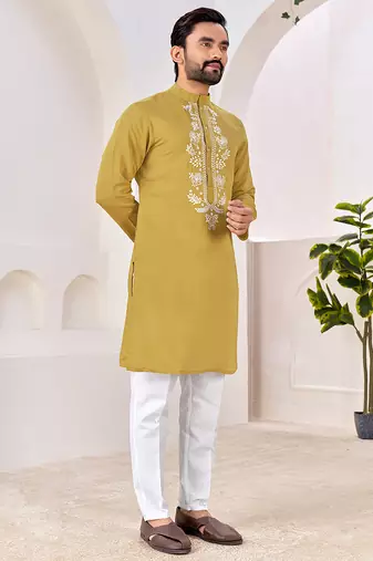 Ethnic mustard yellow roman silk kurta with front embroidery