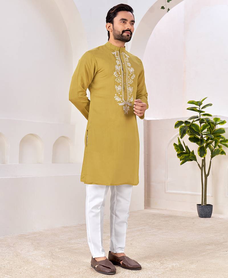 Ethnic mustard yellow roman silk kurta with front embroidery
