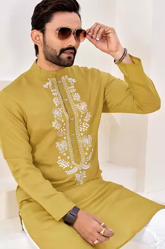 Ethnic mustard yellow roman silk kurta with front embroidery