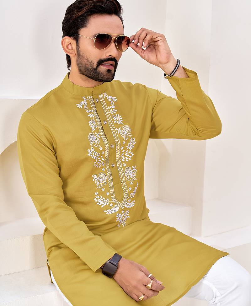 Ethnic mustard yellow roman silk kurta with front embroidery