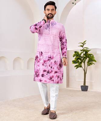 Men's stylish pink & purple floral printed cotton kurta for festive & casual wear 1