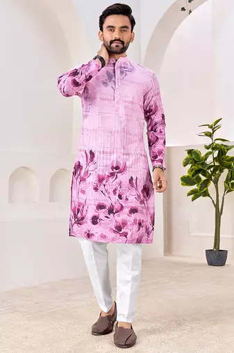 Men's stylish pink & purple floral printed cotton kurta for festive & casual wear