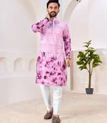 Men's stylish pink & purple floral printed cotton kurta for festive & casual wear