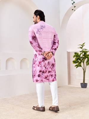 Men's stylish pink & purple floral printed cotton kurta for festive & casual wear 2