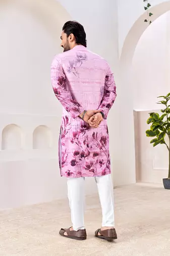 Men's stylish pink & purple floral printed cotton kurta for festive & casual wear