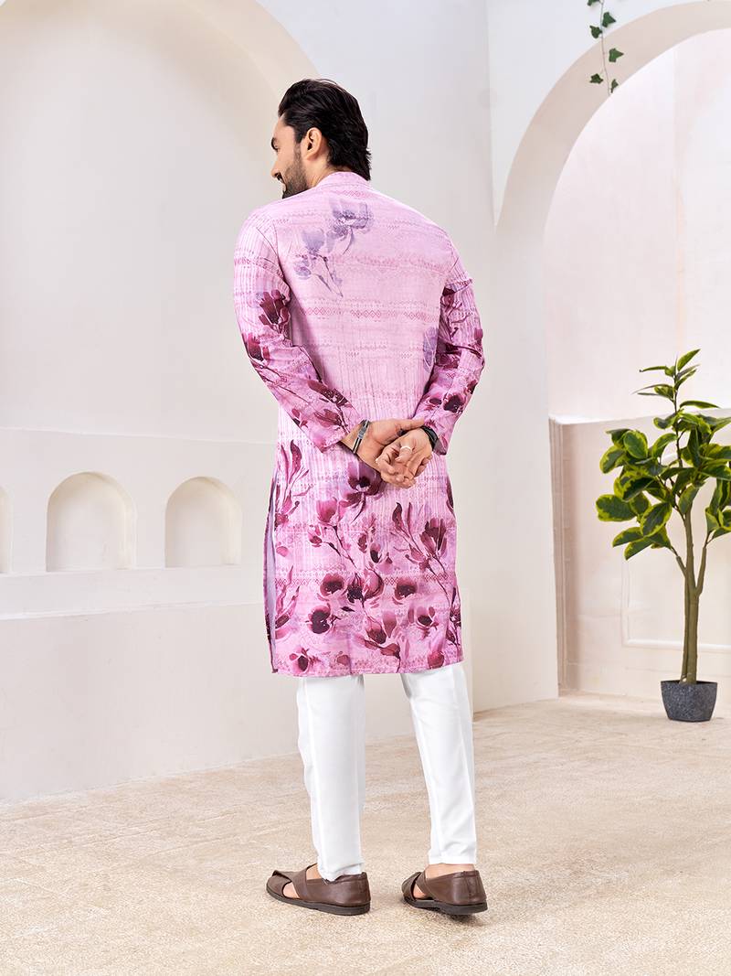 Men's stylish pink & purple floral printed cotton kurta for festive & casual wear