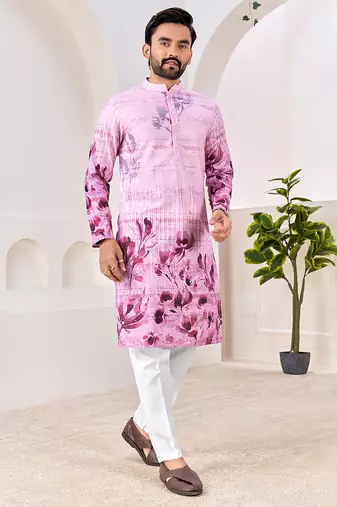 Men's stylish pink & purple floral printed cotton kurta for festive & casual wear