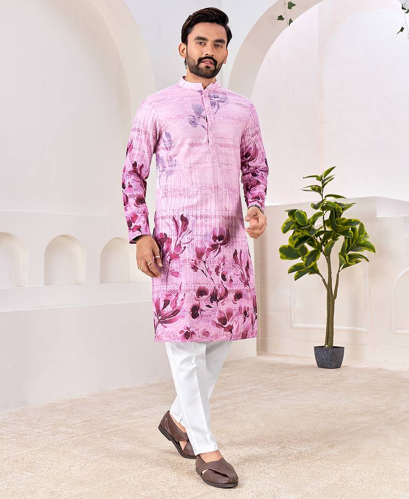 Men's stylish pink & purple floral printed cotton kurta for festive & casual wear