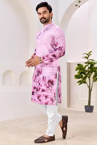 Men's stylish pink & purple floral printed cotton kurta for festive & casual wear