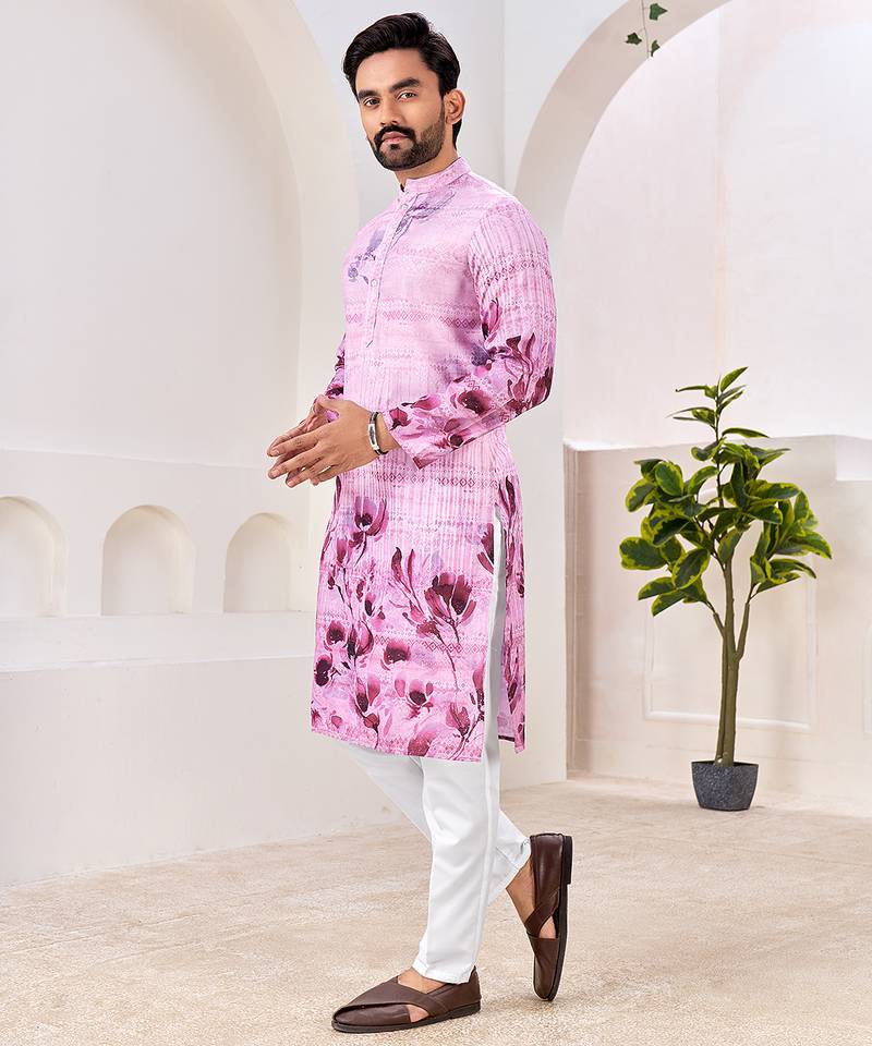 Men's stylish pink & purple floral printed cotton kurta for festive & casual wear