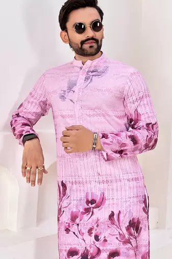 Men's stylish pink & purple floral printed cotton kurta for festive & casual wear